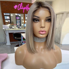 Load image into Gallery viewer, Virgin Hair Straight Bob Wig Ash Blonde Highlight Lace Front Wig 13x4/13x6 HD Dark Roots Ombre Human Hair Wigs