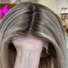 Load image into Gallery viewer, Virgin Hair Straight Bob Wig Ash Blonde Highlight Lace Front Wig 13x4/13x6 HD Dark Roots Ombre Human Hair Wigs