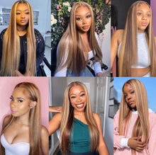 Load image into Gallery viewer, 4/27 Ombre Highlight Lace Front Human Hair Wig Straight 13x4/ 13x6/ 360 HD Transparent Lace Frontal Wig 180% Density Brazilian Virgin Brown Blonde Colored Wig