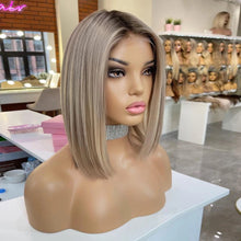 Load image into Gallery viewer, Virgin Hair Straight Bob Wig Ash Blonde Highlight Lace Front Wig 13x4/13x6 HD Dark Roots Ombre Human Hair Wigs