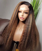 Load image into Gallery viewer, 360/13x4/13x6 Lace Frontal Wig Ombre Kinky Straight Human Hair Wig Coarse Italian Yaki 200% Density Preplucked