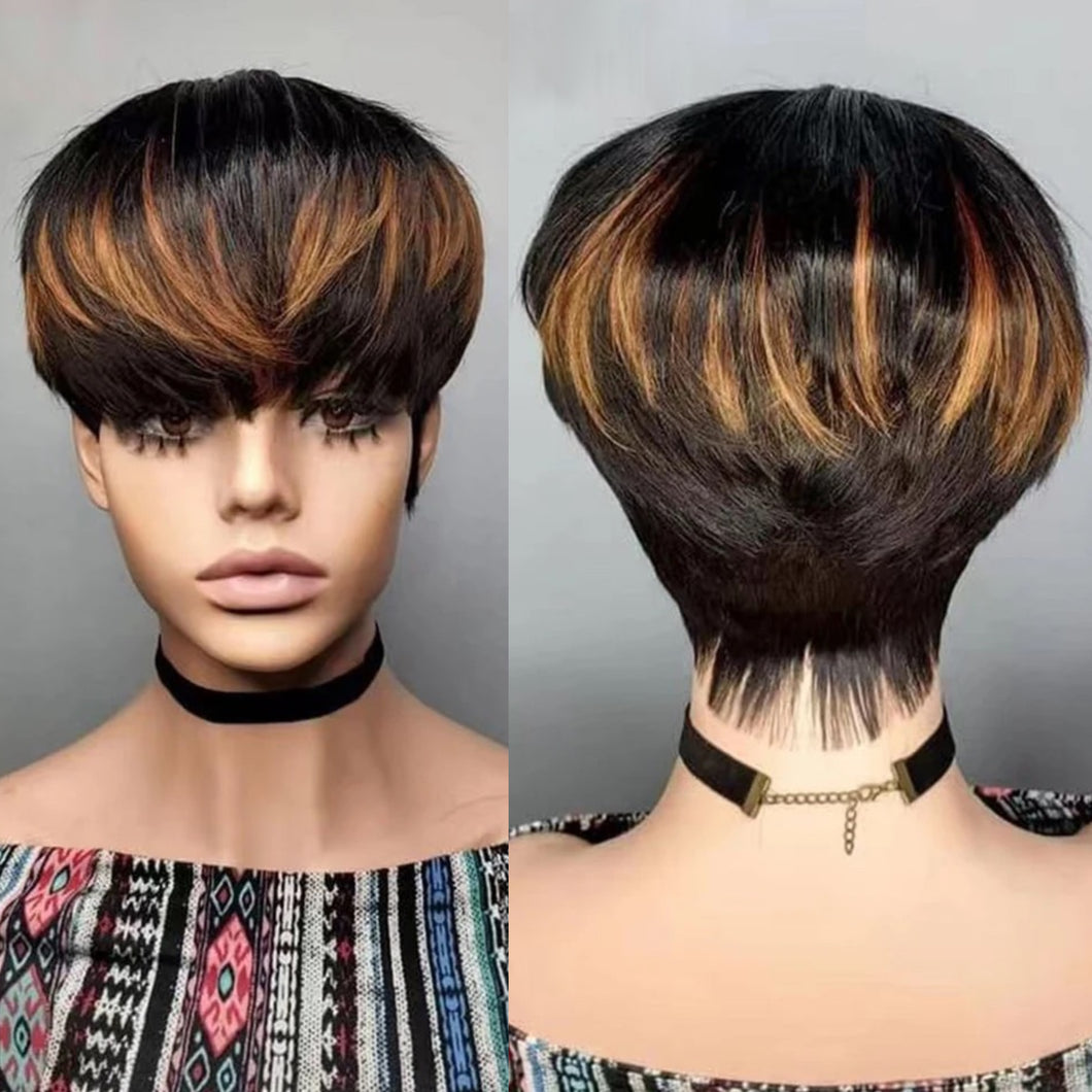 Ombre Highlight Short Bob Pixie Cut Wigs Straight Honey Blonde Brazilian Remy Hair Machine Made Wig With Bangs