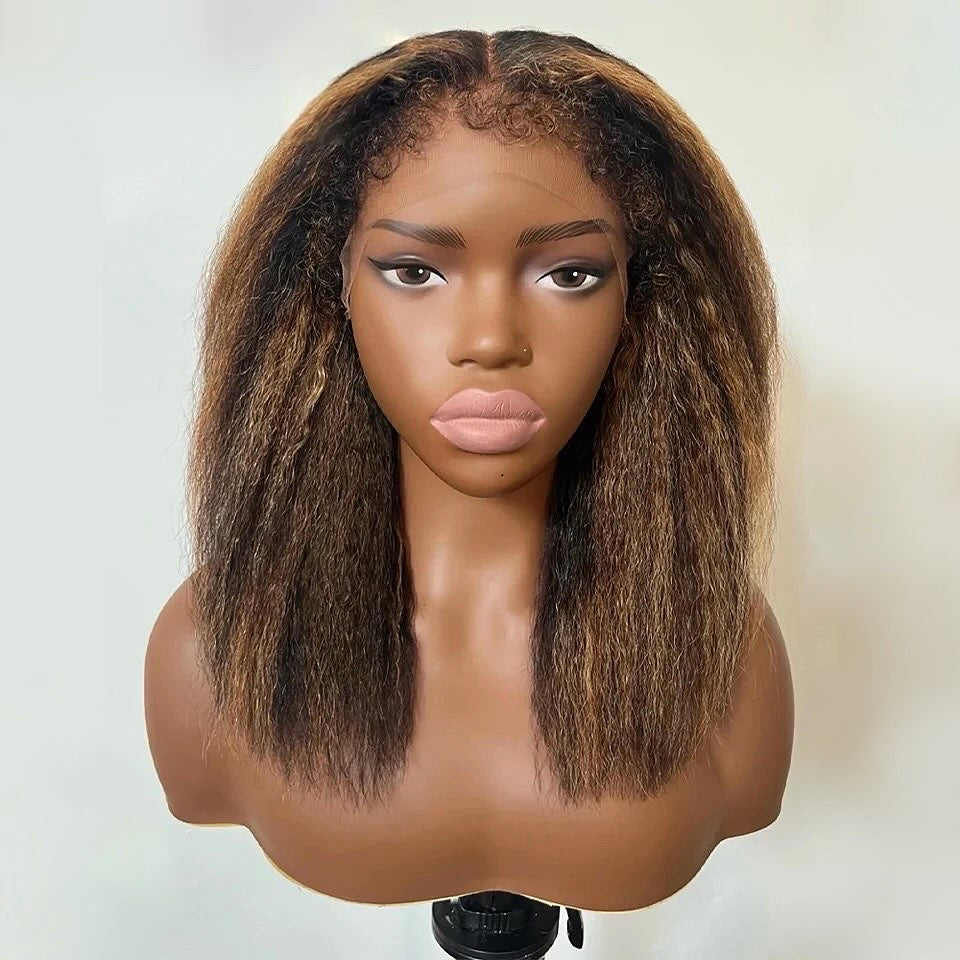 Ombre Blonde highlight Yaki Kinky Straight Lace Front Wig With Baby Hair 180% Density
