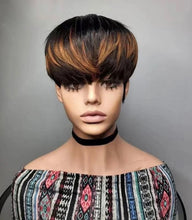 Load image into Gallery viewer, Ombre Highlight Short Bob Pixie Cut Wigs Straight Honey Blonde Brazilian Remy Hair Machine Made Wig With Bangs
