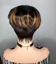 Load image into Gallery viewer, Ombre Highlight Short Bob Pixie Cut Wigs Straight Honey Blonde Brazilian Remy Hair Machine Made Wig With Bangs

