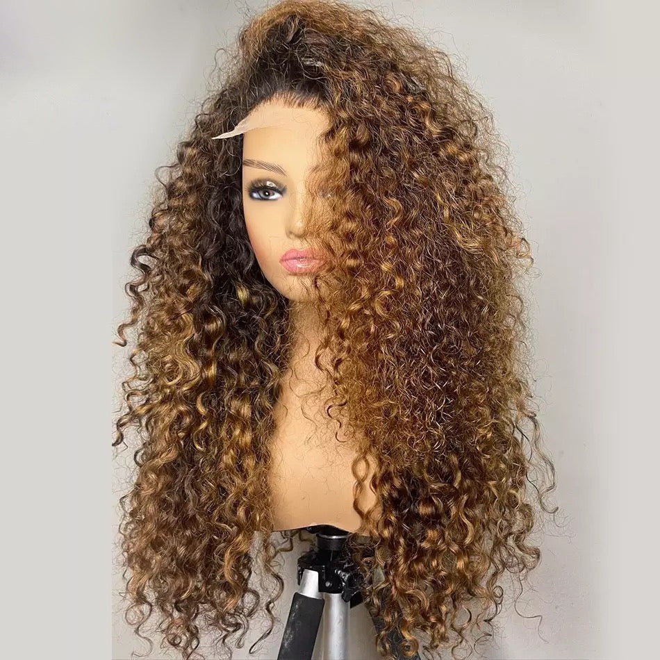 Highlight Honey Brown with Black Root Water Wave Human Hair 13X4/13X6 Lace Front Wig Peruvian Ombre Brown Deep Curly wig