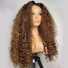 Load image into Gallery viewer, Highlight Honey Brown with Black Root Water Wave Human Hair 13X4/13X6 Lace Front Wig Peruvian Ombre Brown Deep Curly wig
