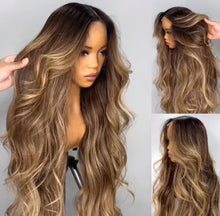 Load image into Gallery viewer, Brown Highlight Balayage HD Lace Frontal Wig Virgin Human Hair Light Dark Melting Roots Highlighted Ombré Wavy

