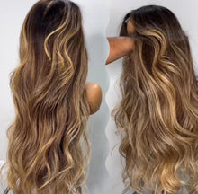 Load image into Gallery viewer, Brown Highlight Balayage HD Lace Frontal Wig Virgin Human Hair Light Dark Melting Roots Highlighted Ombré Wavy
