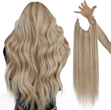 Load image into Gallery viewer, Platinum Blonde/ Dark Brown/ Highlight Halo Piece Human Hair Extensions with Adjustable Fish Wire Halo Hair Extensions Clips
