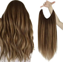 Load image into Gallery viewer, Platinum Blonde/ Dark Brown/ Highlight Halo Piece Human Hair Extensions with Adjustable Fish Wire Halo Hair Extensions Clips
