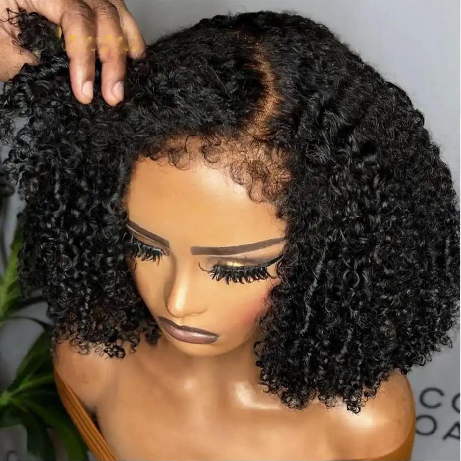 Short Cut Bob Natural Black Kinky Curly 180Density Deep Lace Front Wig With Babyhair Preplucked Glueless