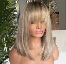 Load image into Gallery viewer, Ash Blonde Balayage Ombré Roots with Bangs Wig 100% Premium Virgin Human Hair Slip on and go
