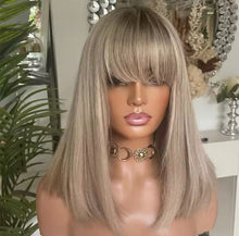 Load image into Gallery viewer, Ash Blonde Balayage Ombré Roots with Bangs Wig 100% Premium Virgin Human Hair Slip on and go
