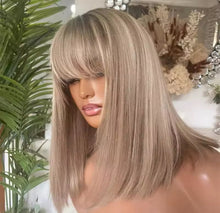 Load image into Gallery viewer, Ash Blonde Balayage Ombré Roots with Bangs Wig 100% Premium Virgin Human Hair Slip on and go
