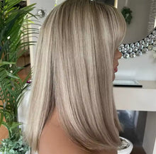 Load image into Gallery viewer, Ash Blonde Balayage Ombré Roots with Bangs Wig 100% Premium Virgin Human Hair Slip on and go
