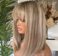 Load image into Gallery viewer, Ash Blonde Balayage Ombré Roots with Bangs Wig 100% Premium Virgin Human Hair Slip on and go
