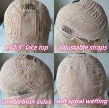 Load image into Gallery viewer, Short Wavy Wig with Bangs Ombre Brown Highlights Human Hair Wig Shoulder Length Slip on and Go style 180% Density
