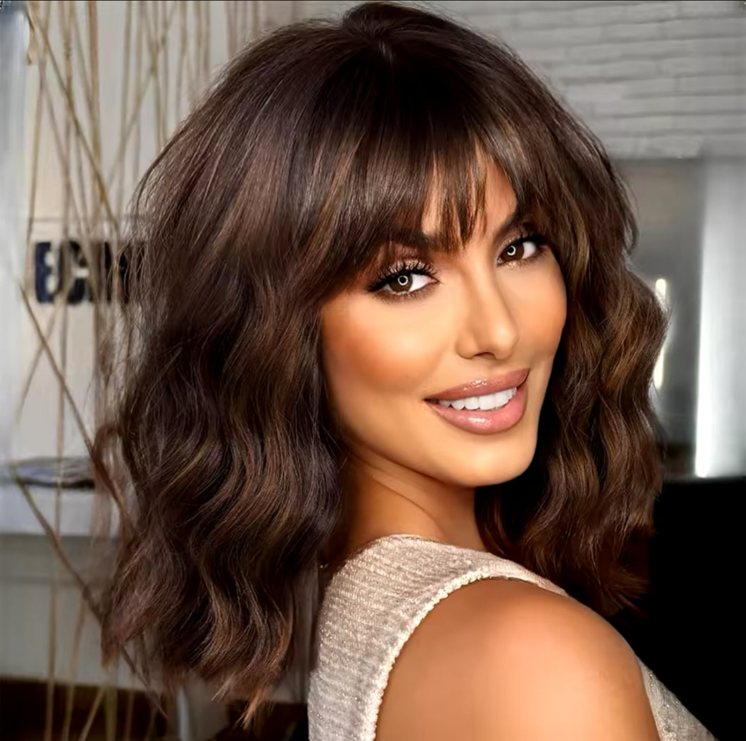 Short Wavy Wig with Bangs Ombre Brown Highlights Human Hair Wig Shoulder Length Slip on and Go style 180% Density
