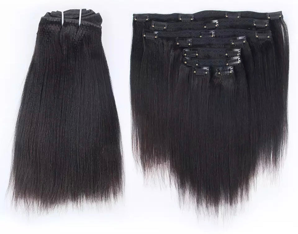 Light Yaki Straight Clips In Human Hair Extensions  Natural Color Kinky Coarse Yaki In Brazilian Remy Human Hair 150G 8Pcs/Set