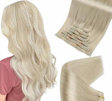 Load image into Gallery viewer, Platinum Blonde Seamless Clip in Human Hair Extension Straight Hair 120g 8 Pcs
