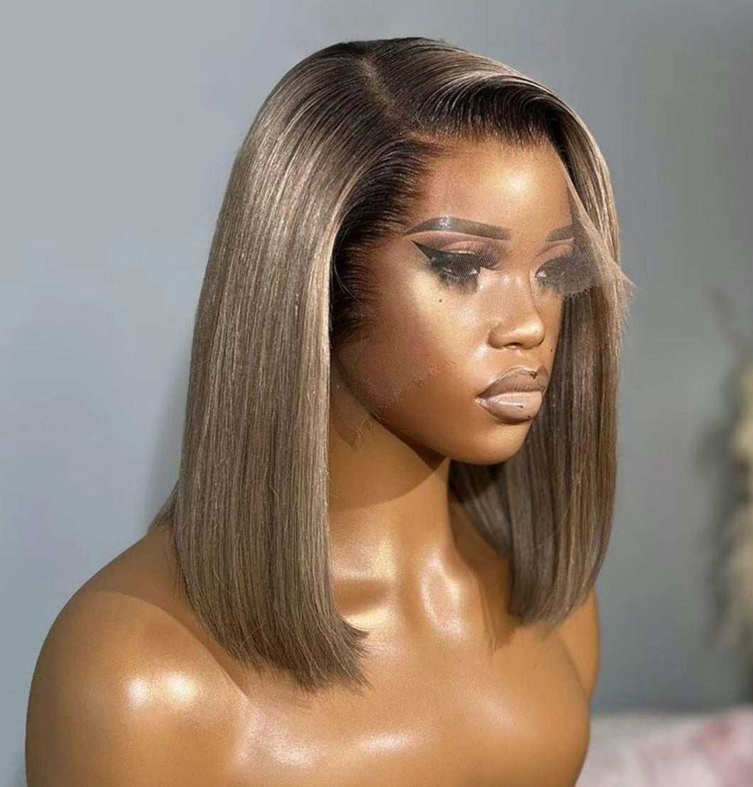 Ombre Ash Blonde 1B Roots Colored 13x4 Lace Front Wig Human Hair Wig 180% Density Remy Straight Short Bob Wig