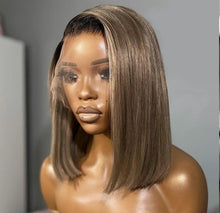 Load image into Gallery viewer, Ombre Ash Blonde 1B Roots Colored 13x4 Lace Front Wig Human Hair Wig 180% Density Remy Straight Short Bob Wig
