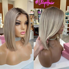 Load image into Gallery viewer, Virgin Hair Straight Bob Wig Ash Blonde Highlight Lace Front Wig 13x4/13x6 HD Dark Roots Ombre Human Hair Wigs

