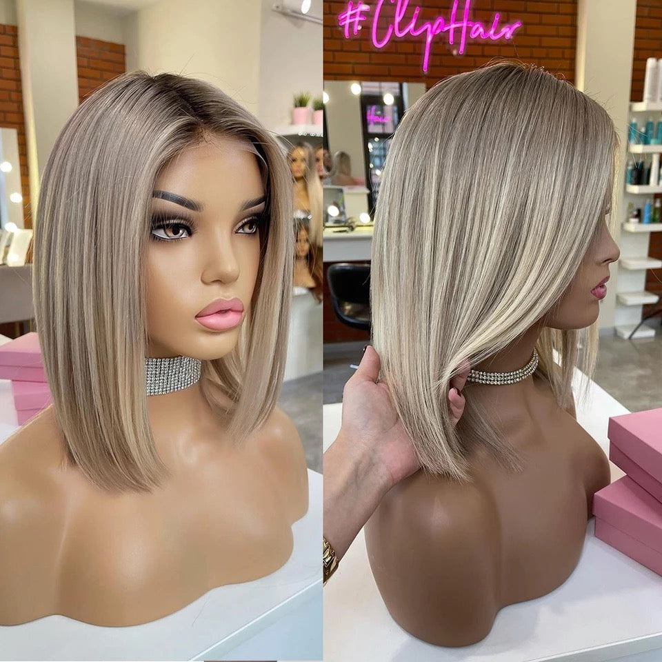Virgin Hair Straight Bob Wig Ash Blonde Highlight Lace Front Wig 13x4/13x6 HD Dark Roots Ombre Human Hair Wigs