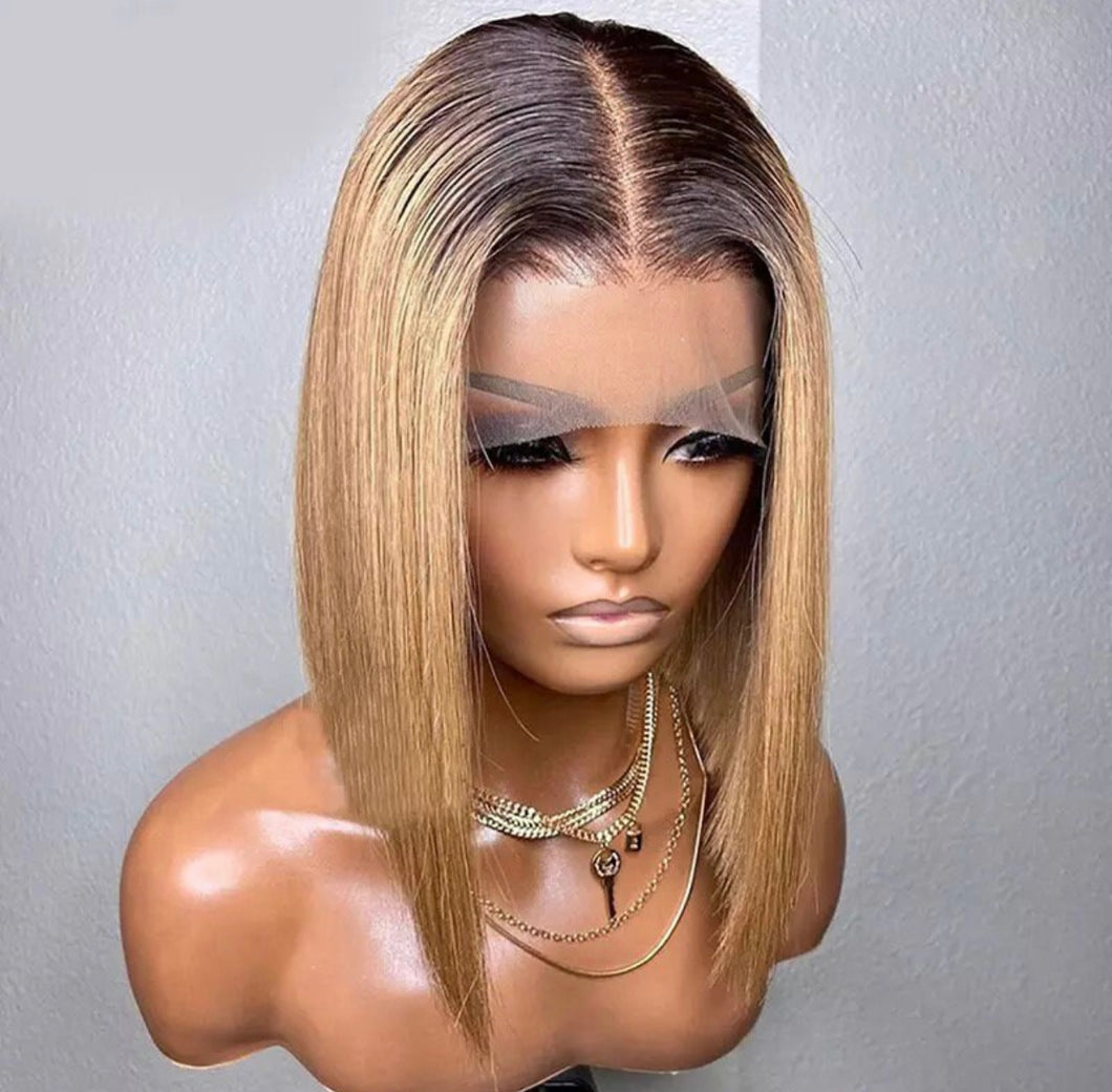 Ombre Bob Wig With Baby Hair Honey Brown Straight 13x4/13x6 Human Hair Wigs 1b/27 Short Human Hair Wig Pre Plucked 180% Density