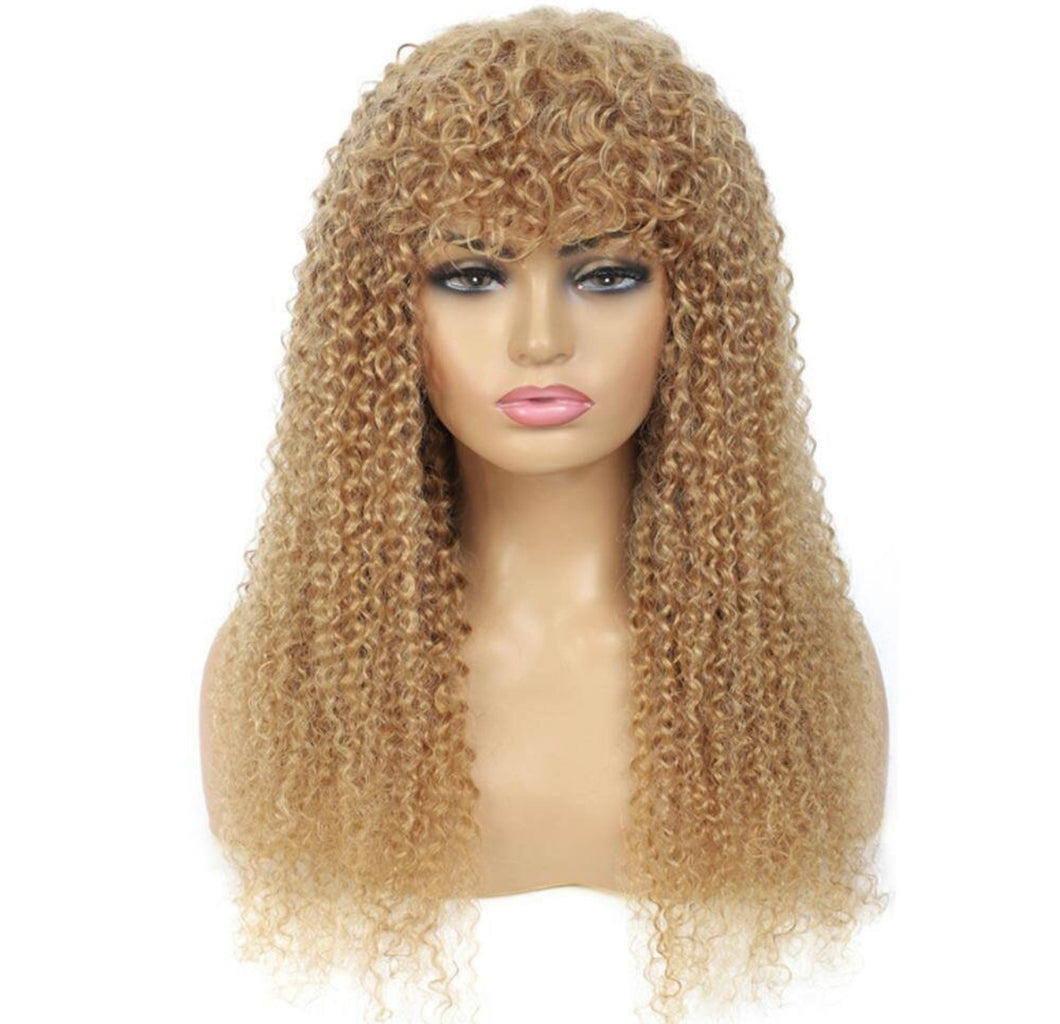 Honey Blonde Kinky Curly Human Hair Wigs with Bang 180% Density No Lace