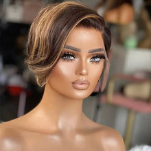 Load image into Gallery viewer, Highlight Honey Blonde Ombre Color Straight Short Bob Pixie Cut T Part Lace Human Hair Wig
