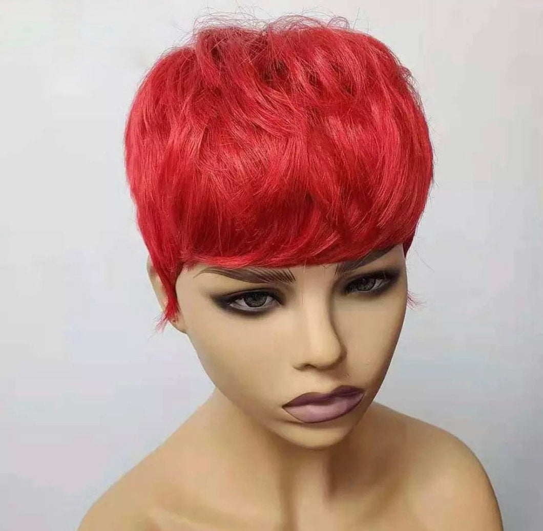 Red Color Short Human Hair Wigs Pixie Cut Wave Remy Brazilian Human Hair Machine Made Glueless Wig