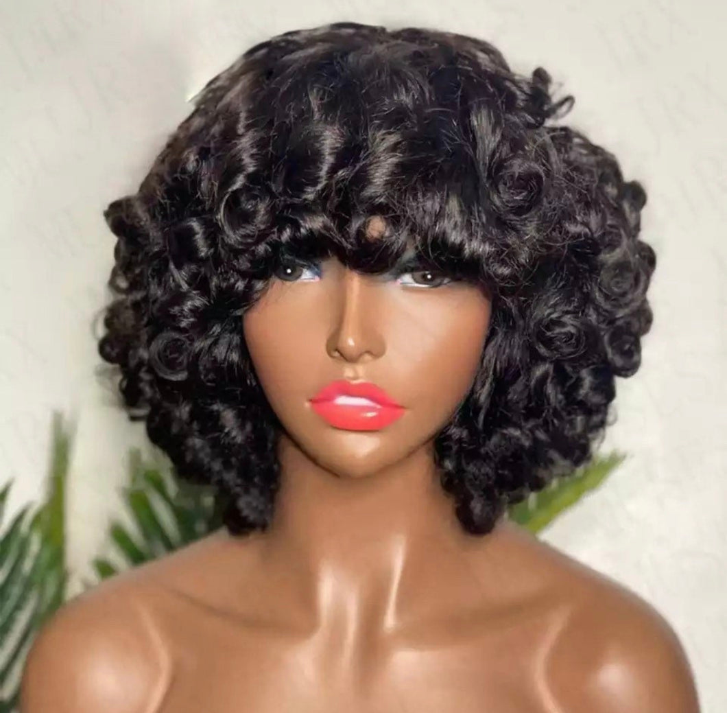 Short Curly Human Hair Wigs Rose Curly Wig With Bangs Machine Made Deep Wave Virgin Brazilian Glueless Wig