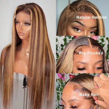 Load image into Gallery viewer, 4/27 Ombre Highlight Lace Front Human Hair Wig Straight 13x4/ 13x6/ 360 HD Transparent Lace Frontal Wig 180% Density Brazilian Virgin Brown Blonde Colored Wig
