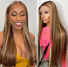 Load image into Gallery viewer, 4/27 Ombre Highlight Lace Front Human Hair Wig Straight 13x4/ 13x6/ 360 HD Transparent Lace Frontal Wig 180% Density Brazilian Virgin Brown Blonde Colored Wig
