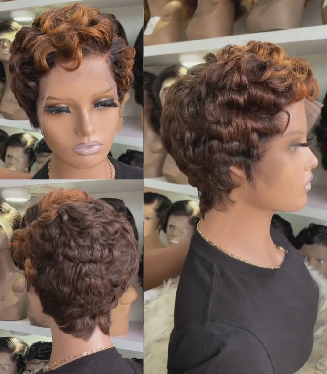 Highlight Colored Short Pixie Cut Bob Body Wave Human Hair Wigs Transparent T Part Lace Wigs Brazilian Hair 150%