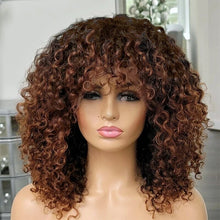 Load image into Gallery viewer, Brown Color Human Hair Curly Wig Full Machine Made No Lace Wig With Bangs #4 Curly Wig Brazilian Remy Hair 250% Density
