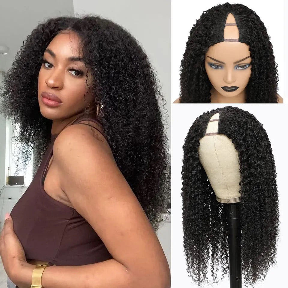 Black/1B 180% Density V Part Wig 4C Afro Kinky Curly Human Hair Wigs