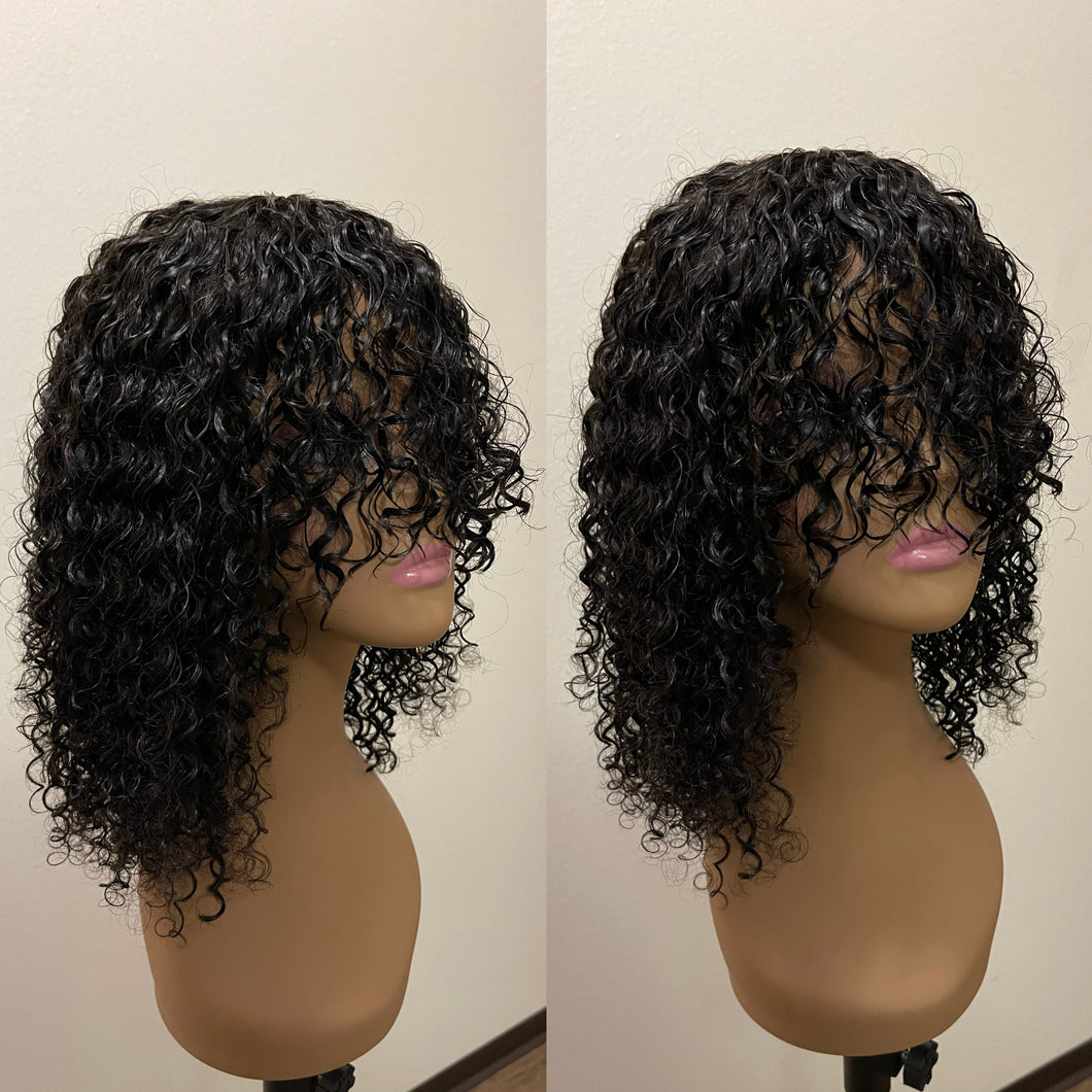 Black Brazilian Remy Curly Human Hair Wig With Bangs 180% Density Deep Wave Glueless Human Hair Wigs No Lace