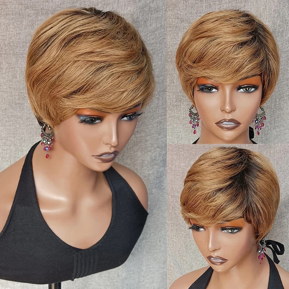 Pixie Cut Brazilian Human Hair Wigs With Bangs  Full Machine Made