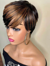 Load image into Gallery viewer, Human Hair Short Layered Cut Wigs with Bangs Brazilian Ombre Wigs Black with Brown 1B/30 Color Short Pixie Cut Wigs
