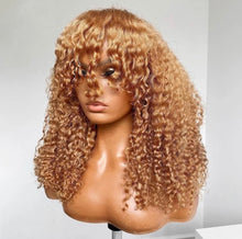 Load image into Gallery viewer, Kinky Curly Honey Blonde Short Bob Full Machine Made Wig With Bangs Glueless Brazilian Remy Human Hair Wigs
