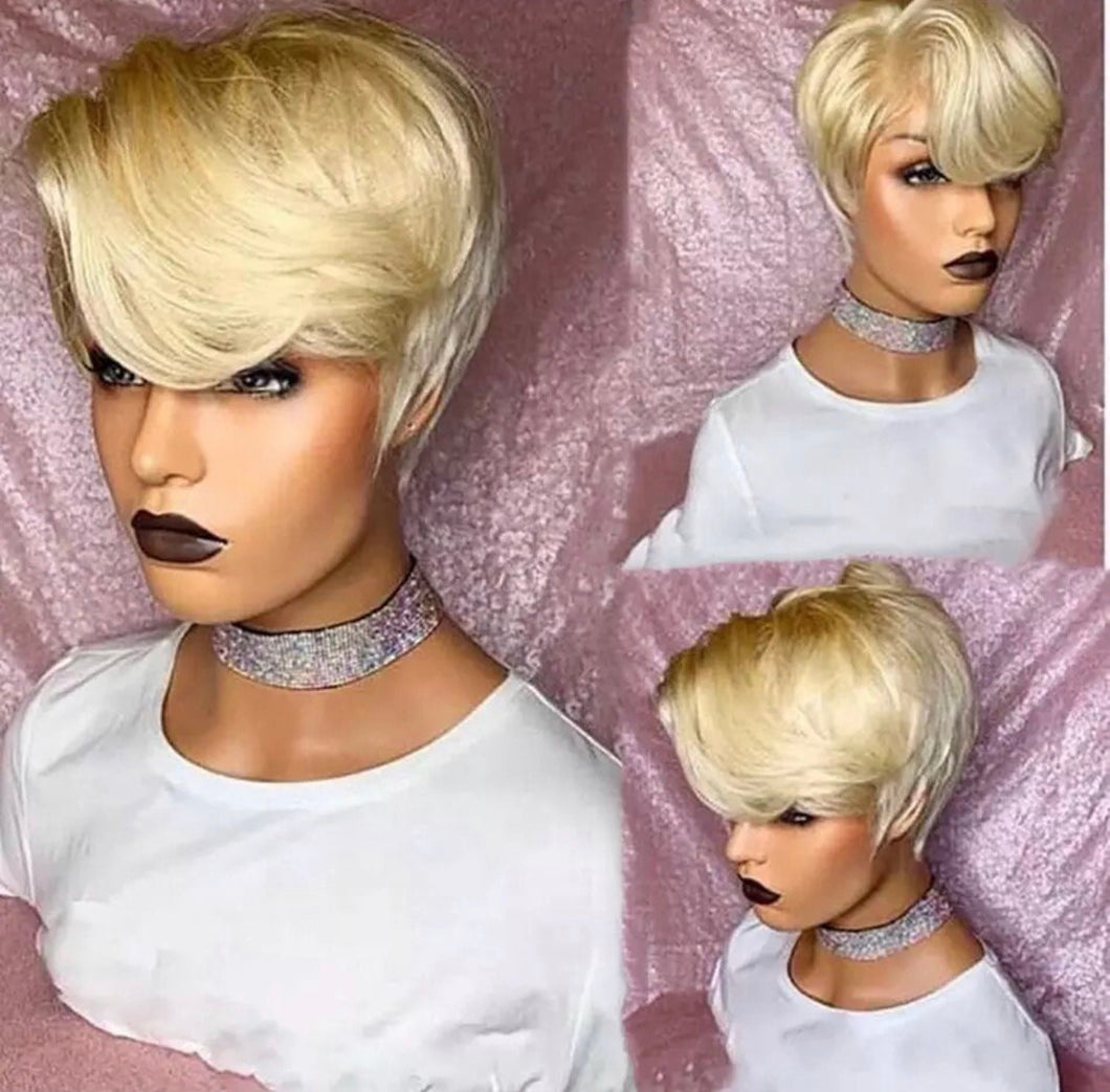 613/Honey Blonde Straight Wig Short Wavy Bob Pixie Cut Wig Human Hair Wig