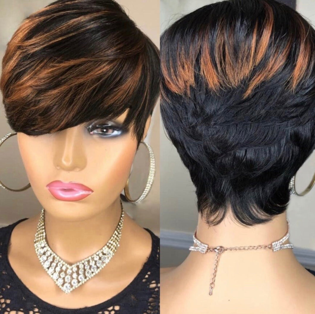 Pixie Cut Wig Black and Honey Brown Human Hair Wigs Short Remy Hair Black with Brown F1B/33 Color