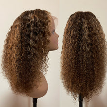 Load image into Gallery viewer, Honey Blonde Highlight 27 Deep Wave Lace Front Wig Deep Curly Human Hair Wigs Brazilian HD Preplucked 13x4/ 13x6 Lace Frontal Wig
