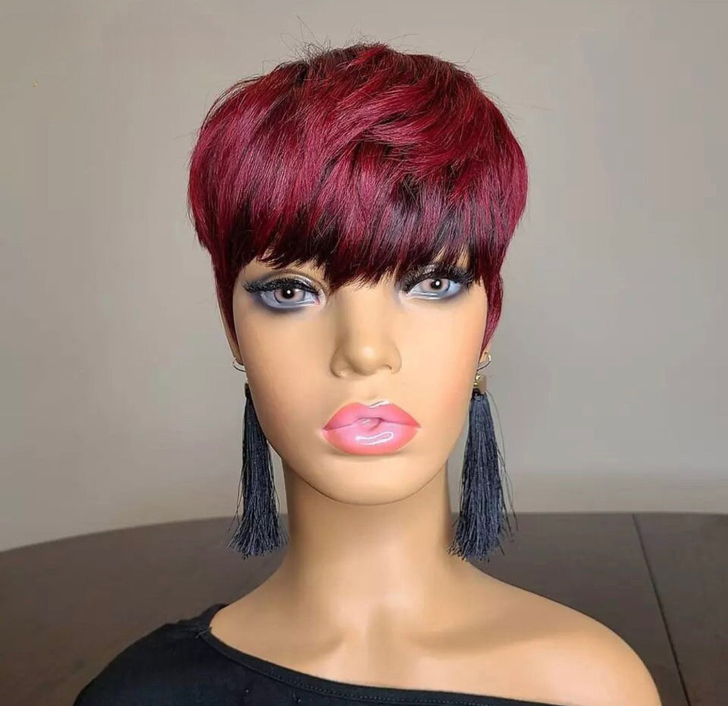 99J Highlight Color Brazilian Human Hair Wigs With Bangs Pixie Short Cut Bob Wig Natural Wig Remy Hair Glueless