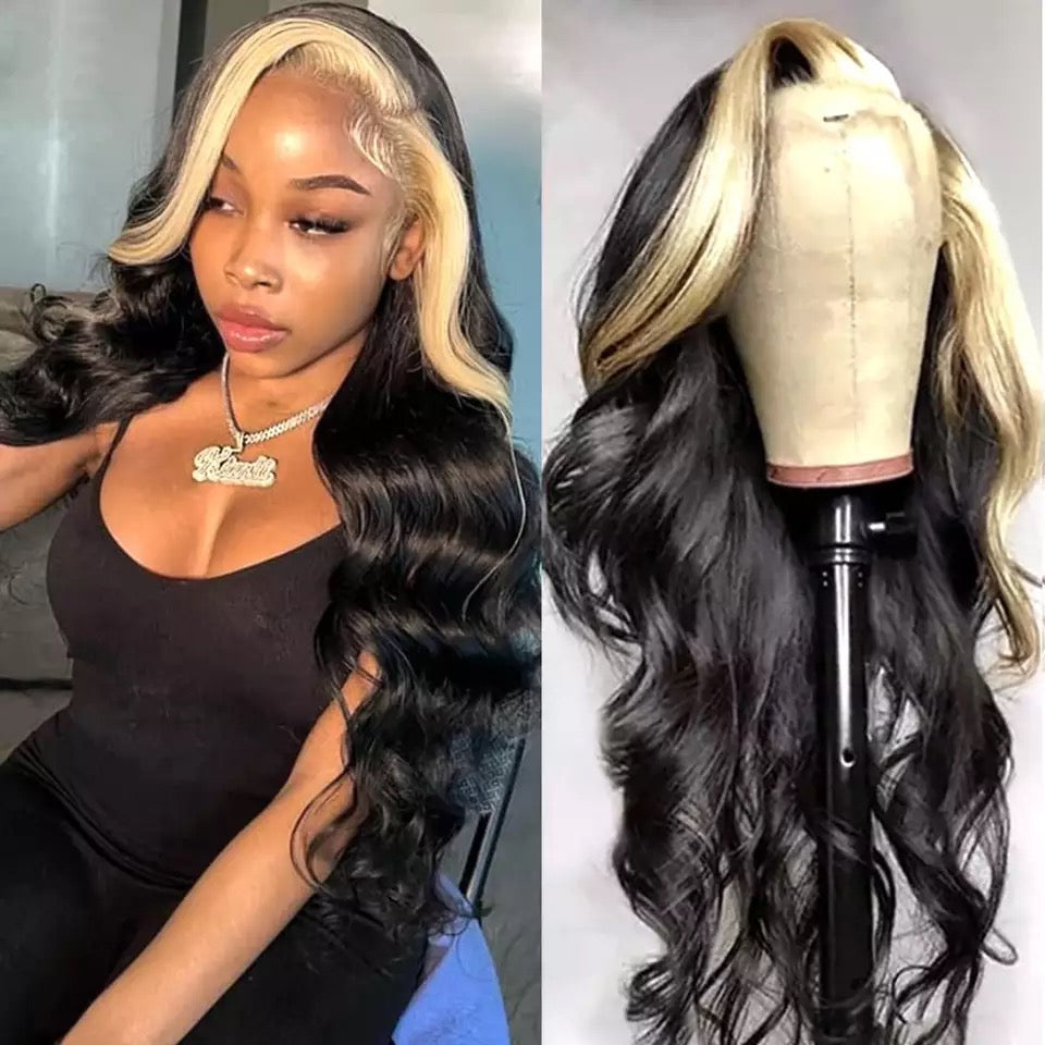 Blonde Skunk Stripe Human Hair 180% 4x4/13x4/13x6/360 Body Wave Lace Front Wig