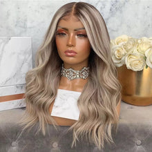 Load image into Gallery viewer, Ash Blonde Highlight Wig for Women Dark Roots Wavy 13x4/13x6/ 360 Lace Front Wig Transparent Lace Wigs Remy
