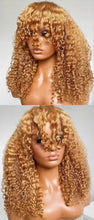 Load image into Gallery viewer, Kinky Curly Honey Blonde Short Bob Full Machine Made Wig With Bangs Glueless Brazilian Remy Human Hair Wigs
